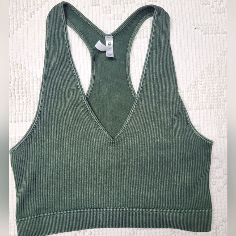 Zenana Green Ribbed Seamless Racerback V-Neck  Bralette, Size S/M